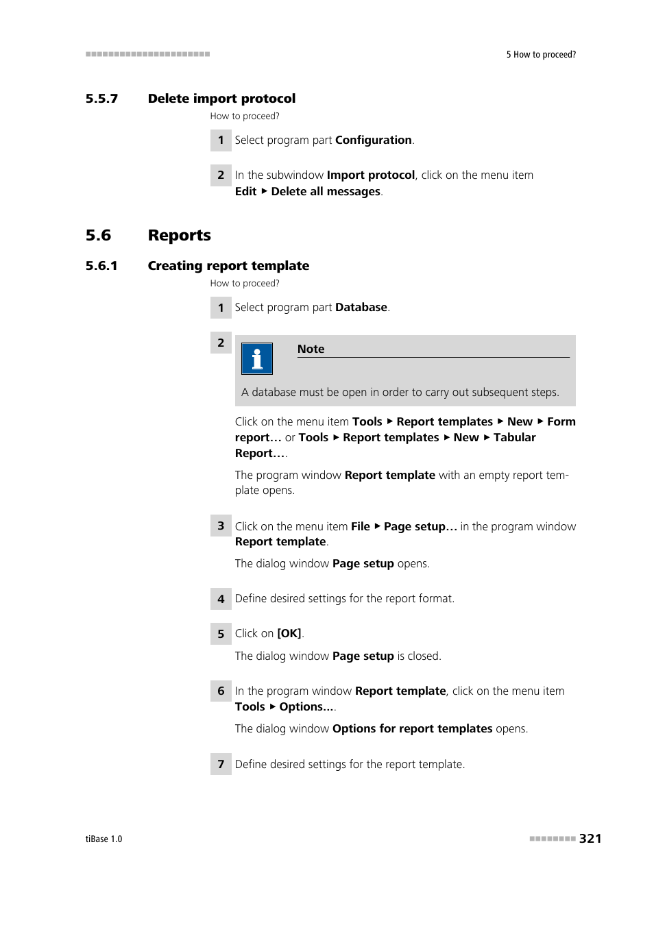 7 delete import protocol, 6 reports, 1 creating report template | Delete import protocol, Reports, Creating report template | Metrohm tiBase 1.0 Manual User Manual | Page 329 / 339