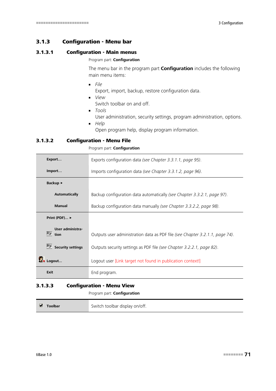 3 configuration - menu bar, 1 configuration - main menus, 2 configuration - menu file | 3 configuration - menu view, Configuration - menu bar | Metrohm tiBase 1.0 Manual User Manual | Page 79 / 339
