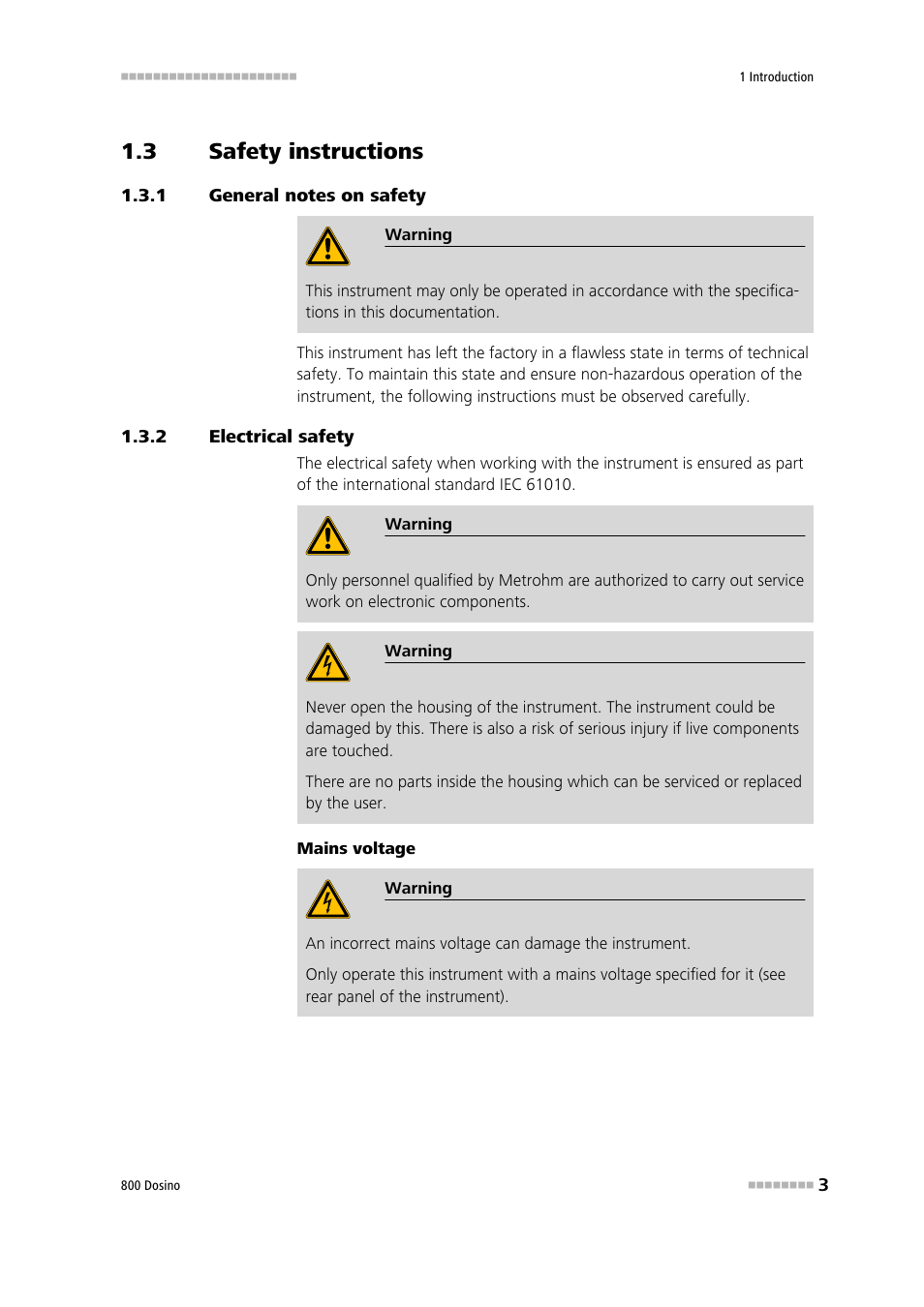 3 safety instructions, 1 general notes on safety, 2 electrical safety | Safety instructions, General notes on safety, Electrical safety | Metrohm 800 Dosino User Manual | Page 11 / 53