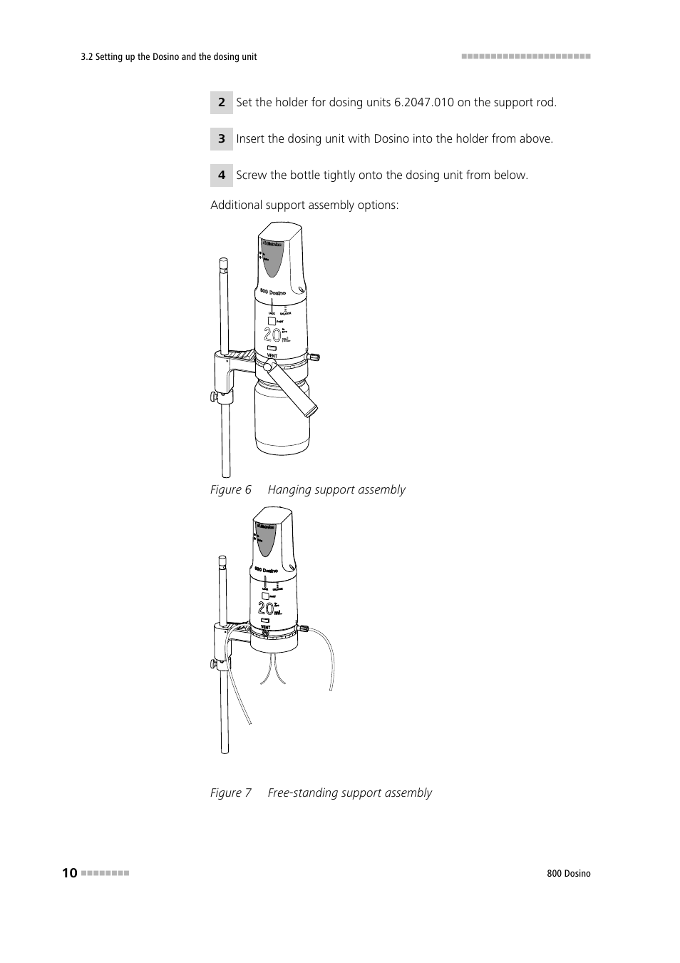 Figure 6, Hanging support assembly, Figure 7 | Free-standing support assembly | Metrohm 800 Dosino User Manual | Page 18 / 53