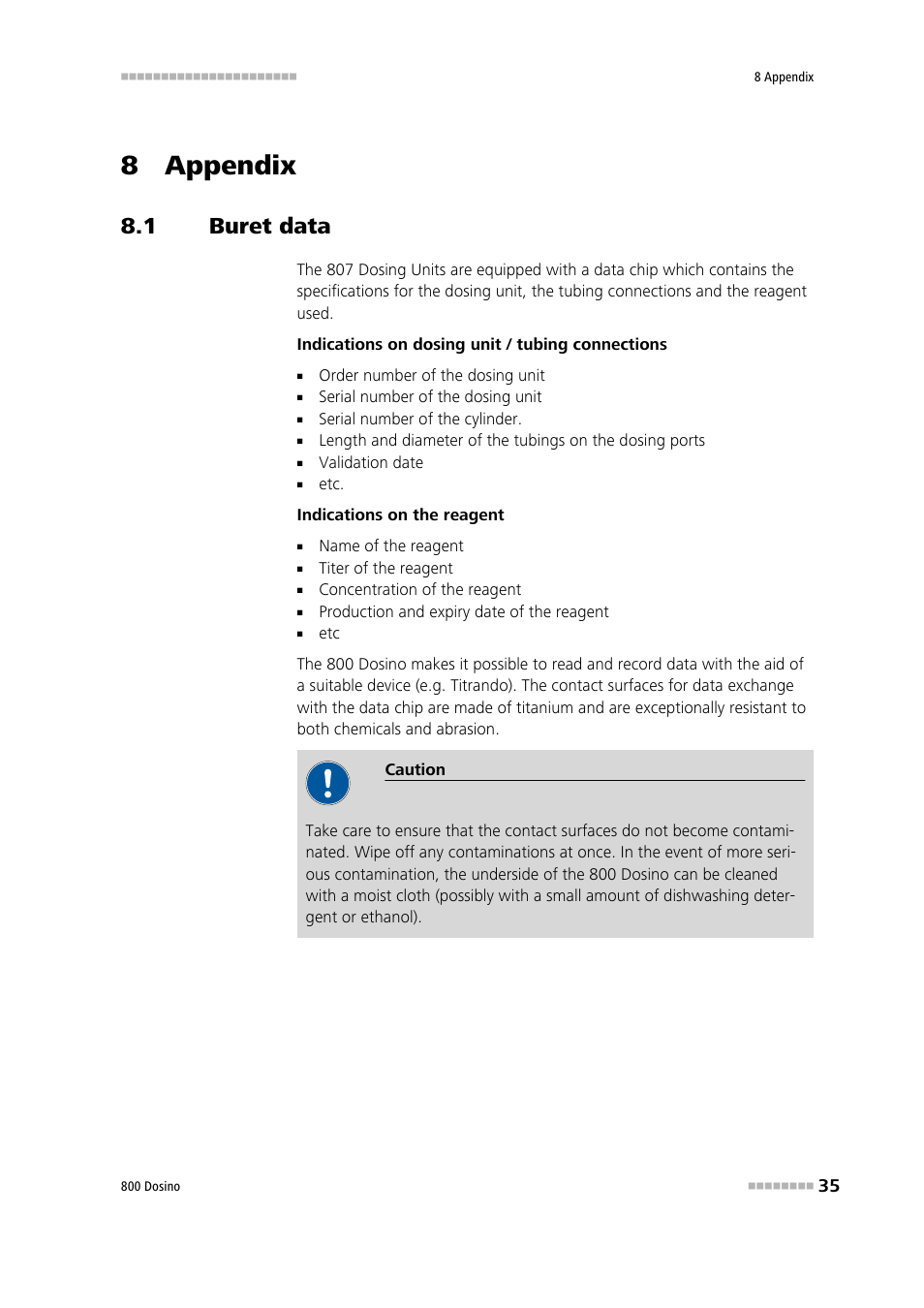 8 appendix, 1 buret data, Buret data | Metrohm 800 Dosino User Manual | Page 43 / 53