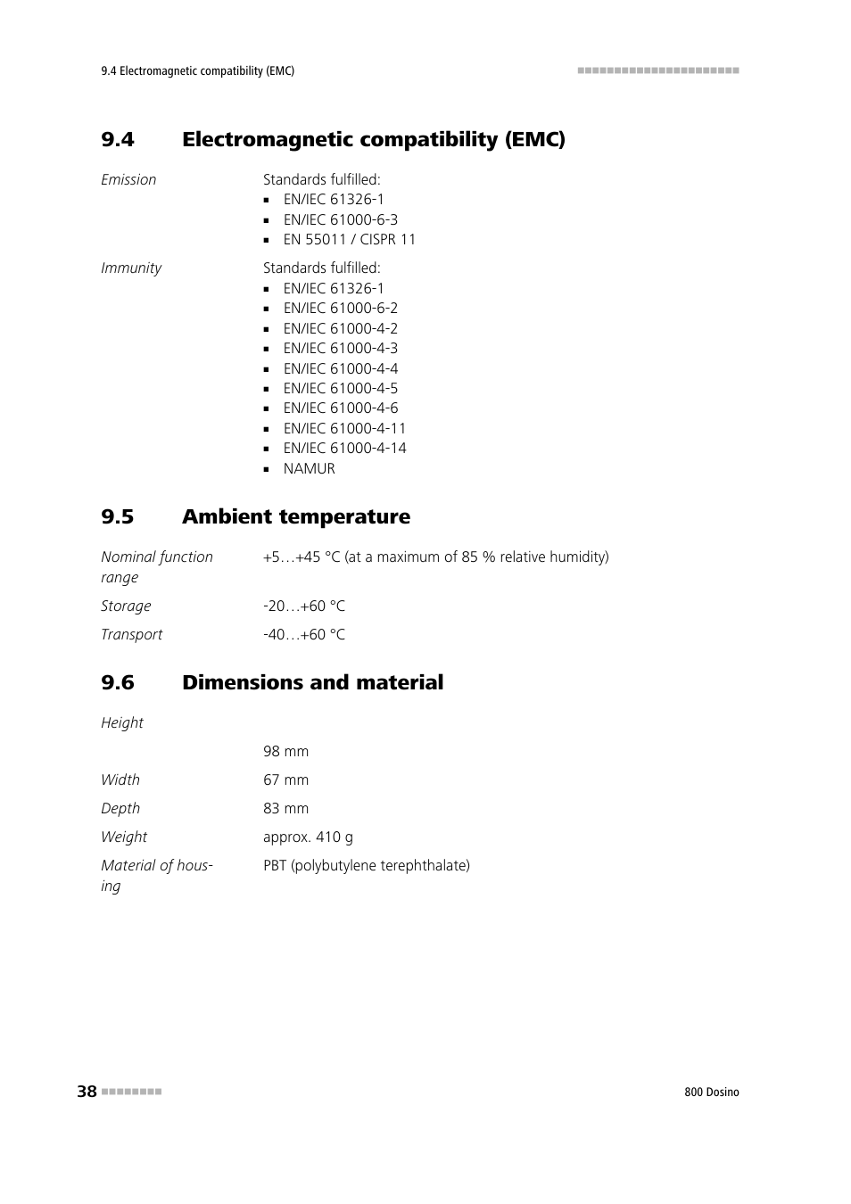 4 electromagnetic compatibility (emc), 5 ambient temperature, 6 dimensions and material | Electromagnetic compatibility (emc), Ambient temperature, Dimensions and material | Metrohm 800 Dosino User Manual | Page 46 / 53