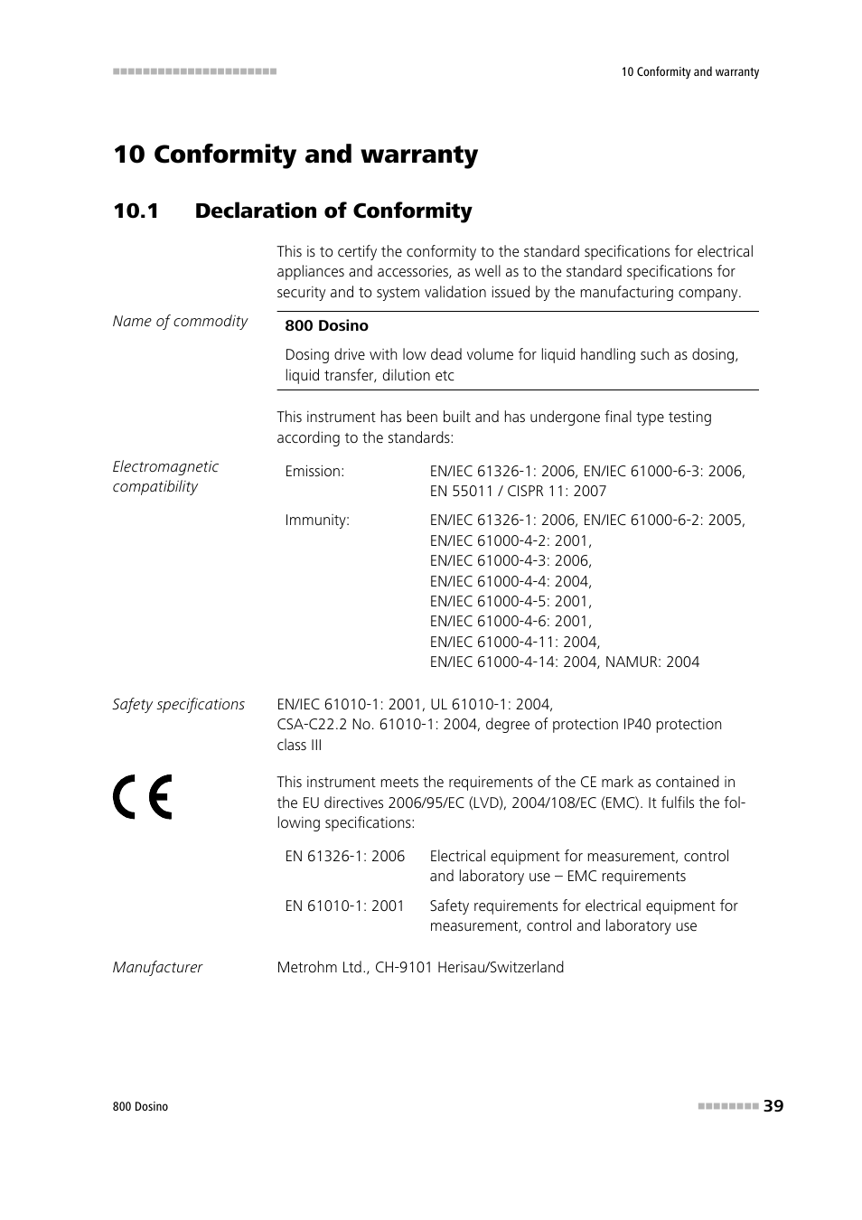 10 conformity and warranty, 1 declaration of conformity | Metrohm 800 Dosino User Manual | Page 47 / 53