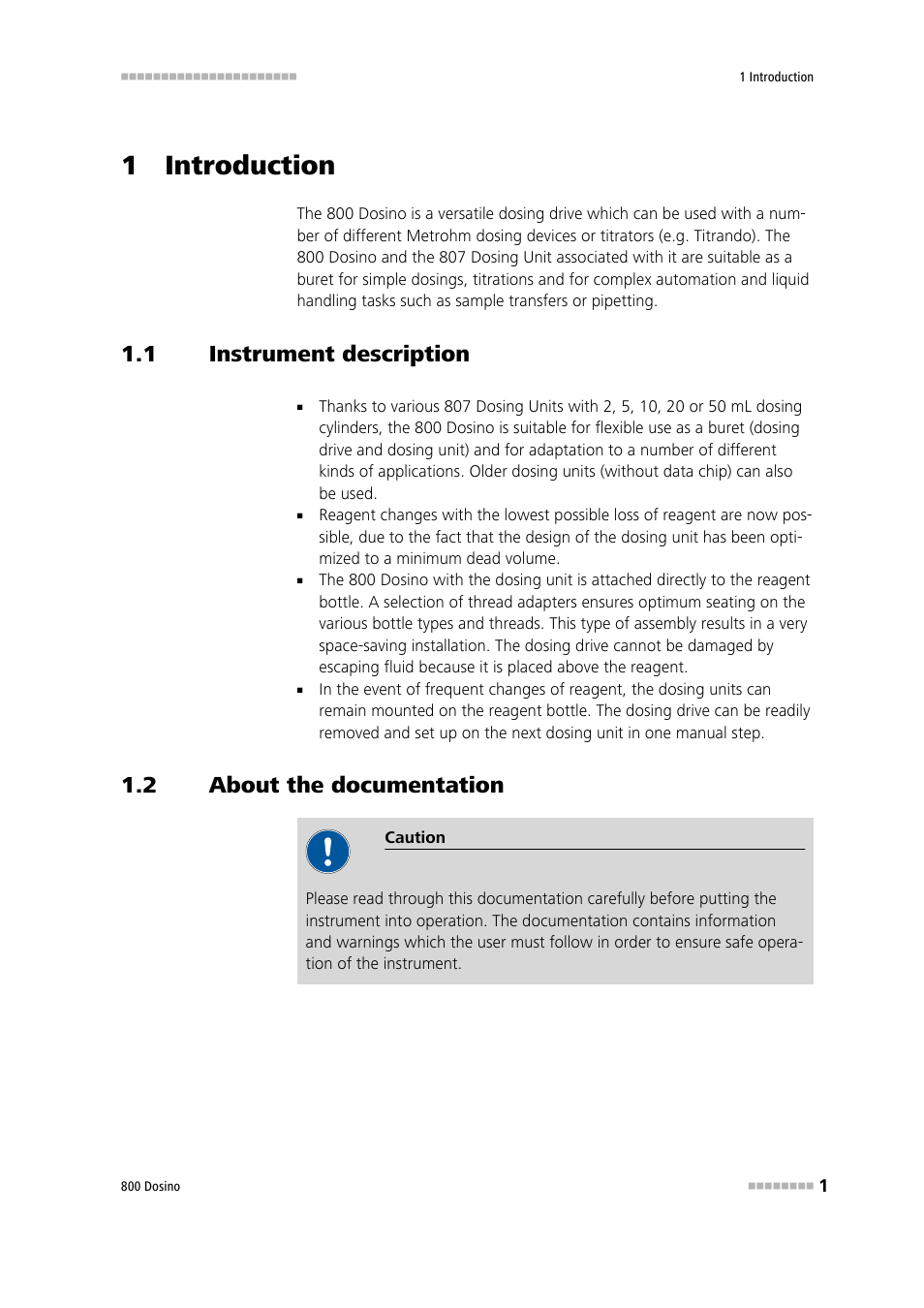 1 introduction, 1 instrument description, 2 about the documentation | Instrument description, About the documentation | Metrohm 800 Dosino User Manual | Page 9 / 53