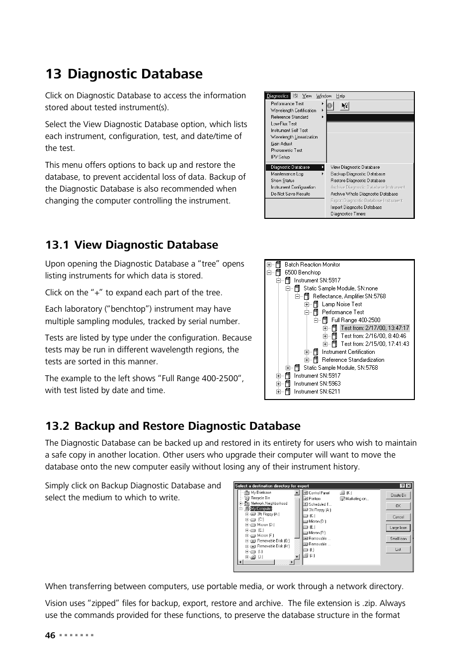 13 diagnostic database, 1 view diagnostic database, 2 backup and restore diagnostic database | Diagnostic database, View diagnostic database, Backup and restore diagnostic database | Metrohm Vision – Diagnostics User Manual | Page 48 / 65