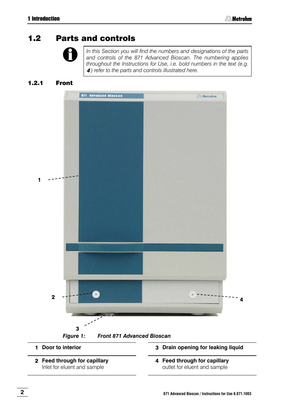 2 parts and controls, 1 front, Parts and controls | Front, Figure 1, Front 871 advanced bioscan | Metrohm 871 Advanced Bioscan User Manual | Page 10 / 56