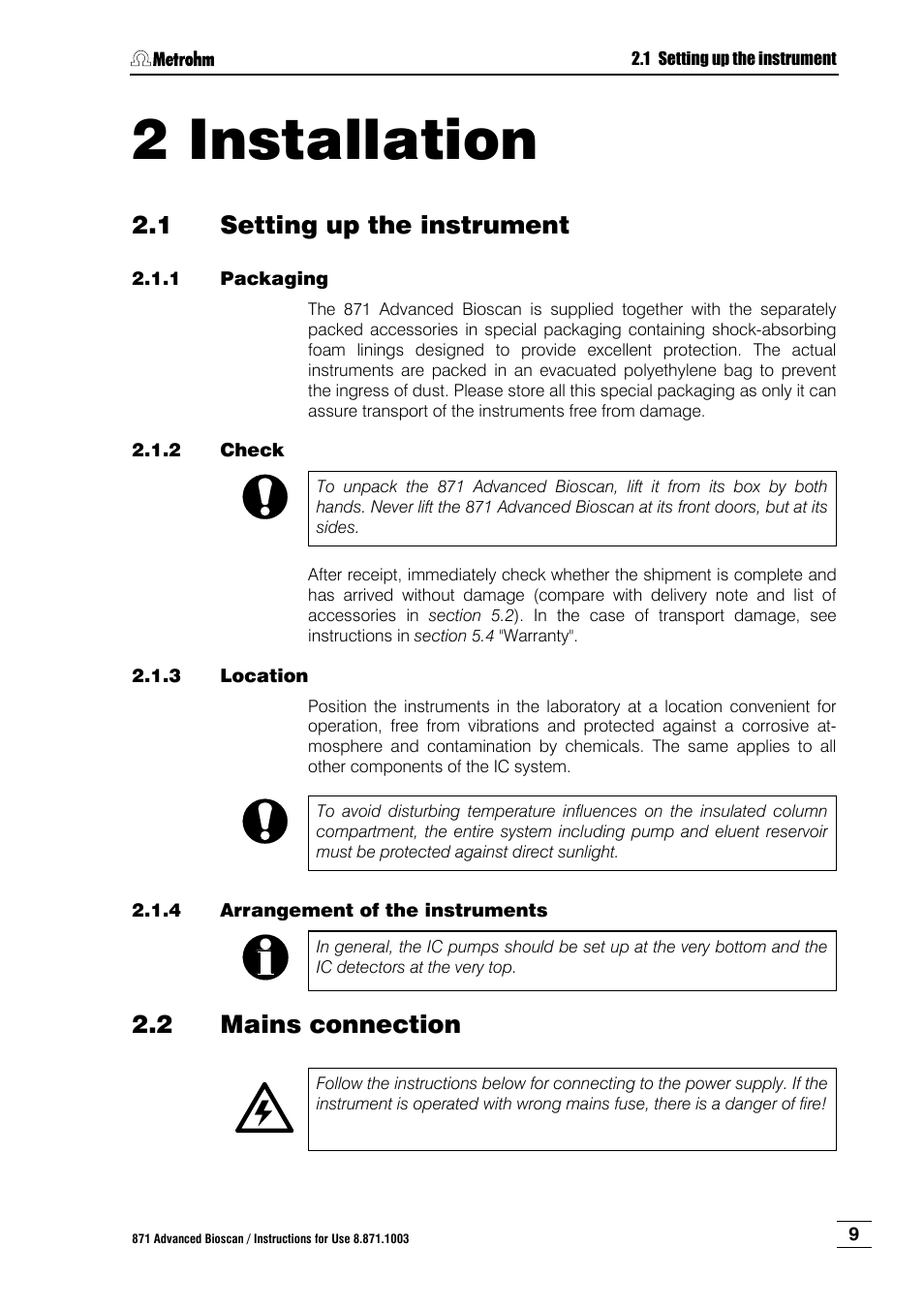 2 installation, 1 setting up the instrument, 1 packaging | 2 check, 3 location, 4 arrangement of the instruments, 2 mains connection, Installation, Setting up the instrument, Packaging | Metrohm 871 Advanced Bioscan User Manual | Page 17 / 56