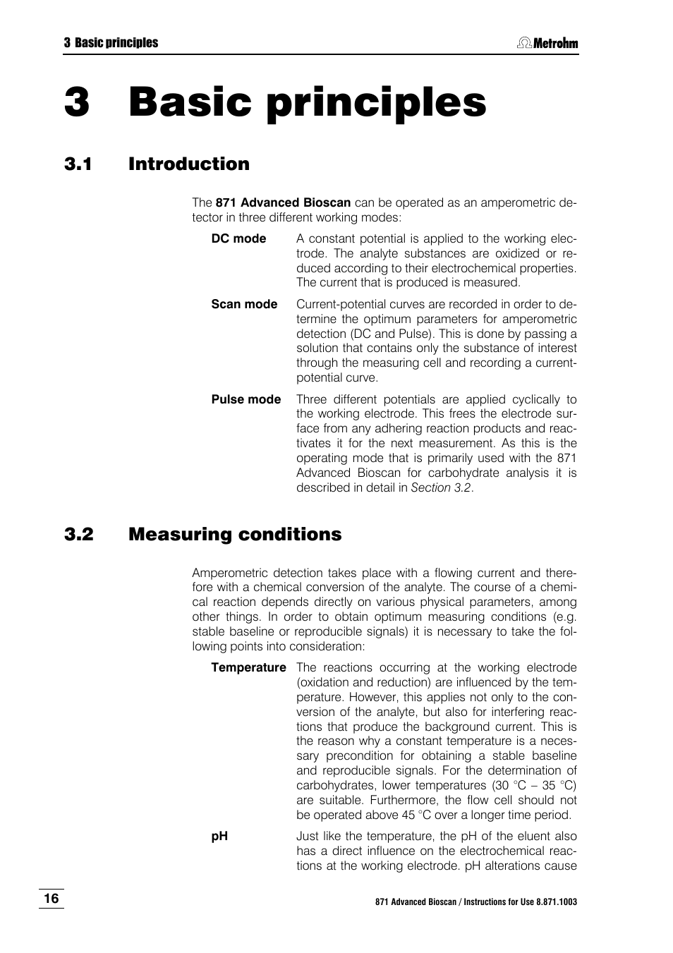 3 basic principles, 1 introduction, 2 measuring conditions | Basic principles, Introduction, Measuring conditions, Sect. 3 basic principles, 2 measuring, Conditions | Metrohm 871 Advanced Bioscan User Manual | Page 24 / 56