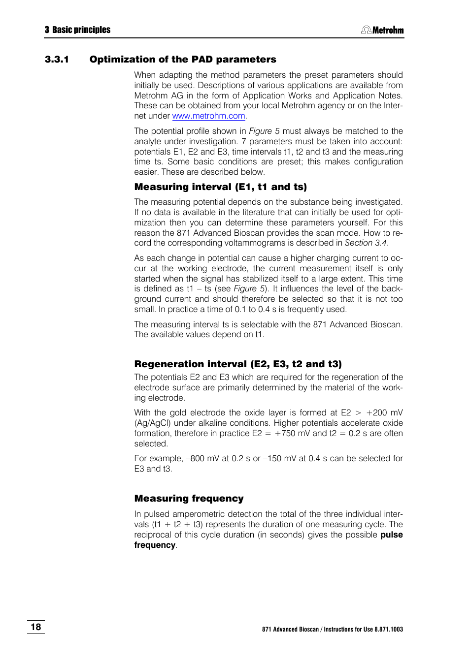 1 optimization of the pad parameters, Measuring interval (e1, t1 and ts), Regeneration interval (e2, e3, t2 and t3) | Measuring frequency, Optimization of the pad parameters | Metrohm 871 Advanced Bioscan User Manual | Page 26 / 56