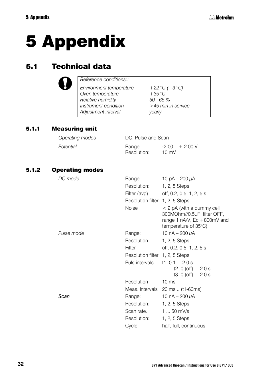 5 appendix, 1 technical data, 1 measuring unit | 2 operating modes, Appendix, Technical data, Measuring unit, Operating modes, Chapter 5.1, Chapter 5.1 ) | Metrohm 871 Advanced Bioscan User Manual | Page 40 / 56