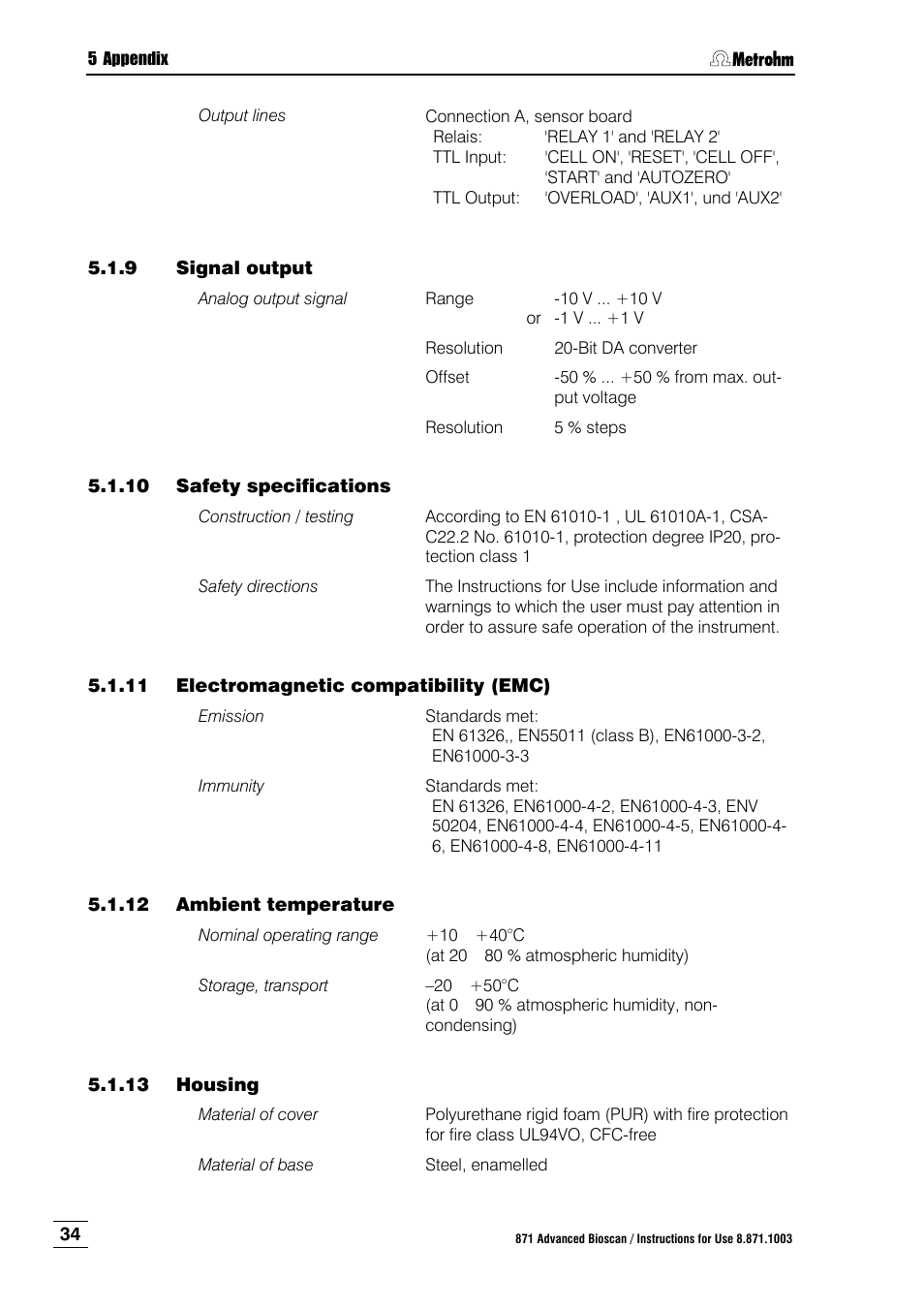 9 signal output, 10 safety specifications, 11 electromagnetic compatibility (emc) | 12 ambient temperature, 13 housing, Signal output, Safety specifications, Electromagnetic compatibility (emc), Ambient temperature, Housing | Metrohm 871 Advanced Bioscan User Manual | Page 42 / 56