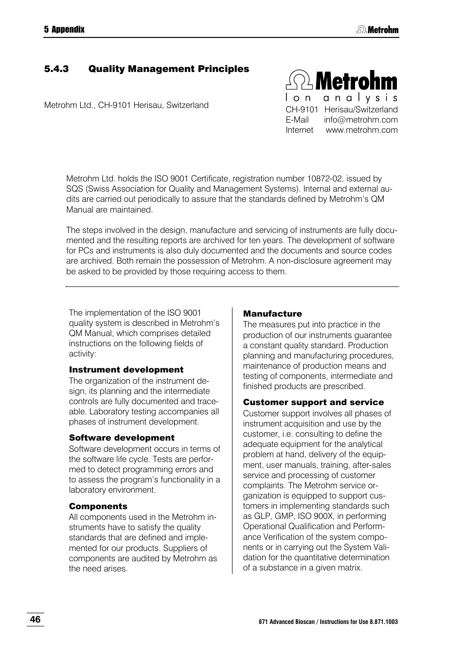 3 quality management principles, Quality management principles | Metrohm 871 Advanced Bioscan User Manual | Page 54 / 56