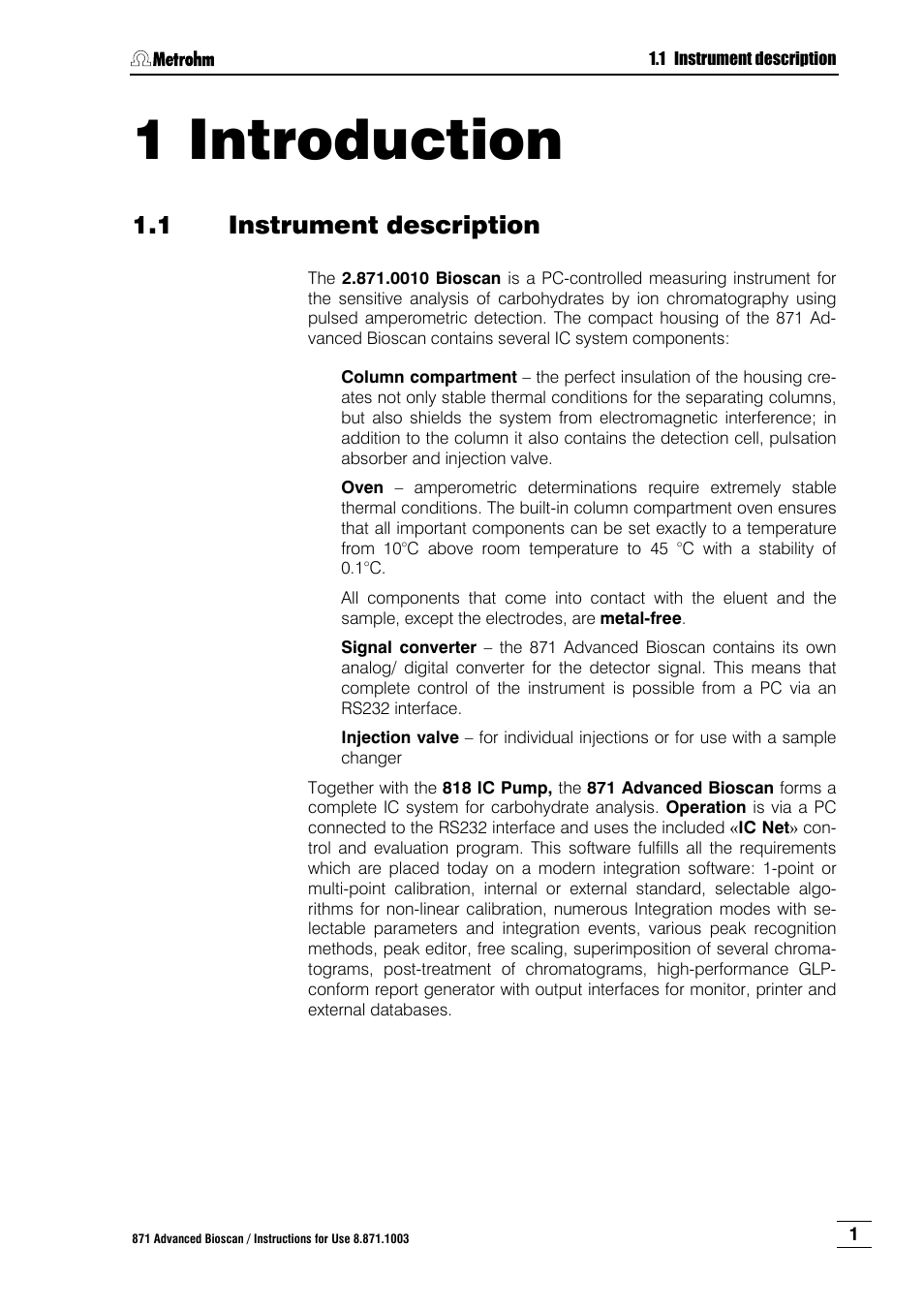 1 introduction, 1 instrument description, Introduction | Instrument description | Metrohm 871 Advanced Bioscan User Manual | Page 9 / 56