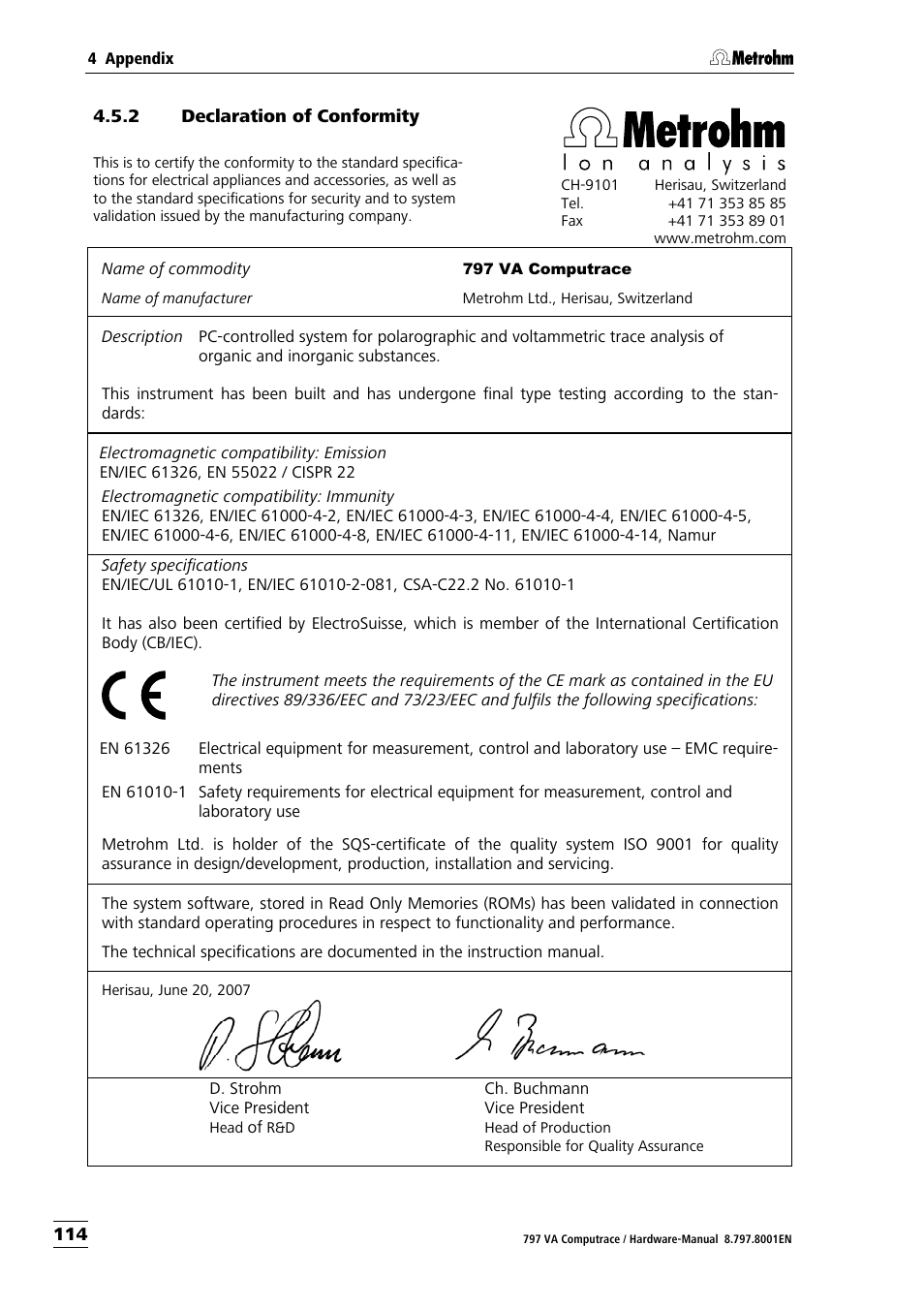 2 declaration of conformity | Metrohm 797 VA Computrace User Manual | Page 122 / 127