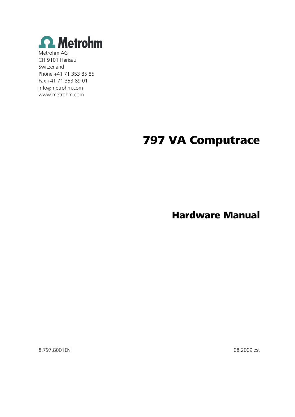 797 va computrace, Hardware manual | Metrohm 797 VA Computrace User Manual | Page 3 / 127