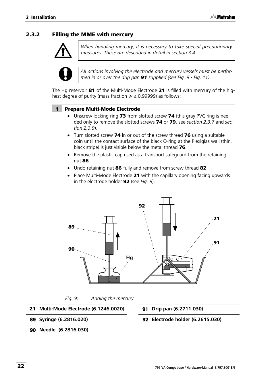 2 filling the mme with mercury, Filling the mme with mercury | Metrohm 797 VA Computrace User Manual | Page 30 / 127