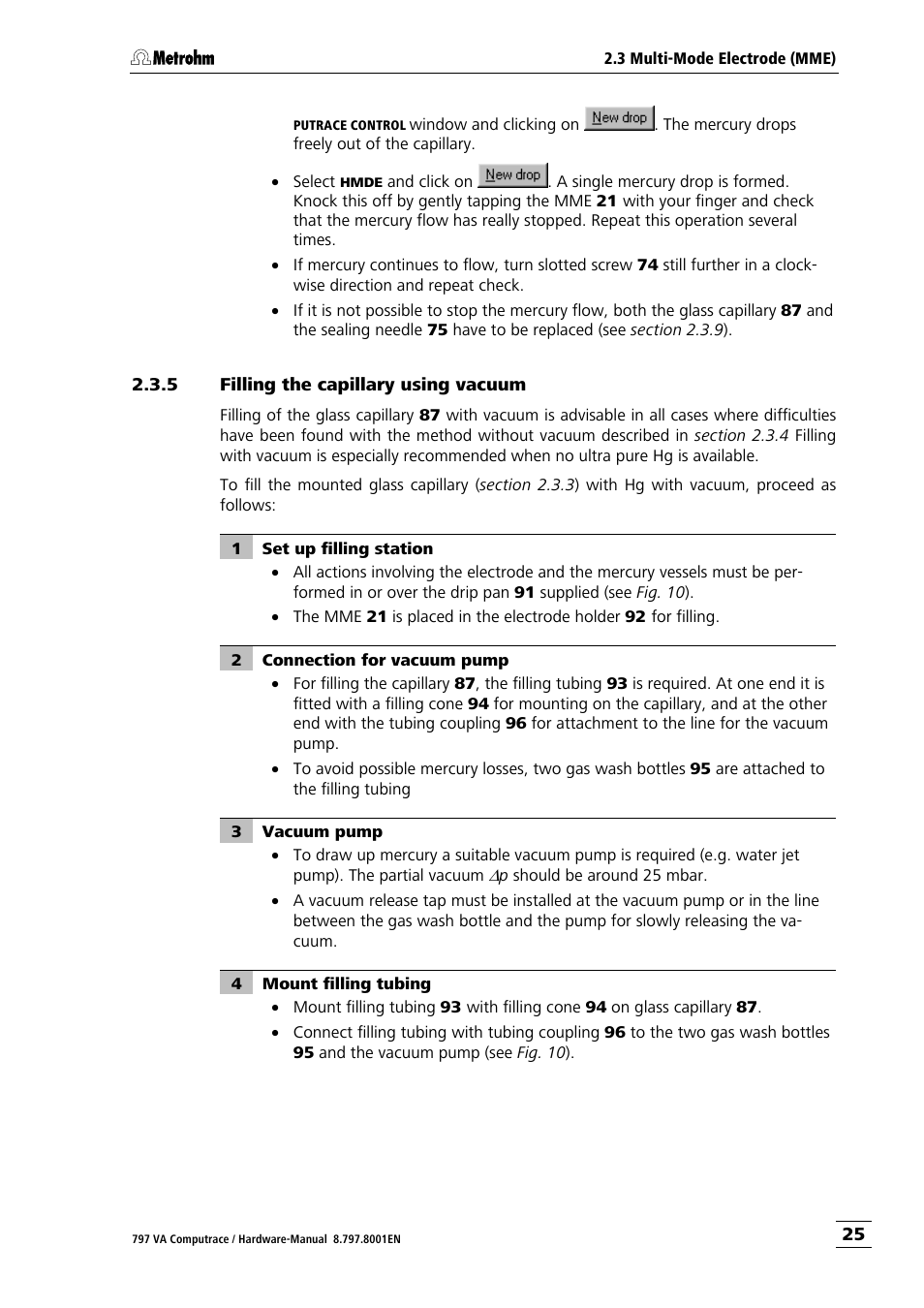 5 filling the capillary using vacuum, Filling the capillary using vacuum | Metrohm 797 VA Computrace User Manual | Page 33 / 127