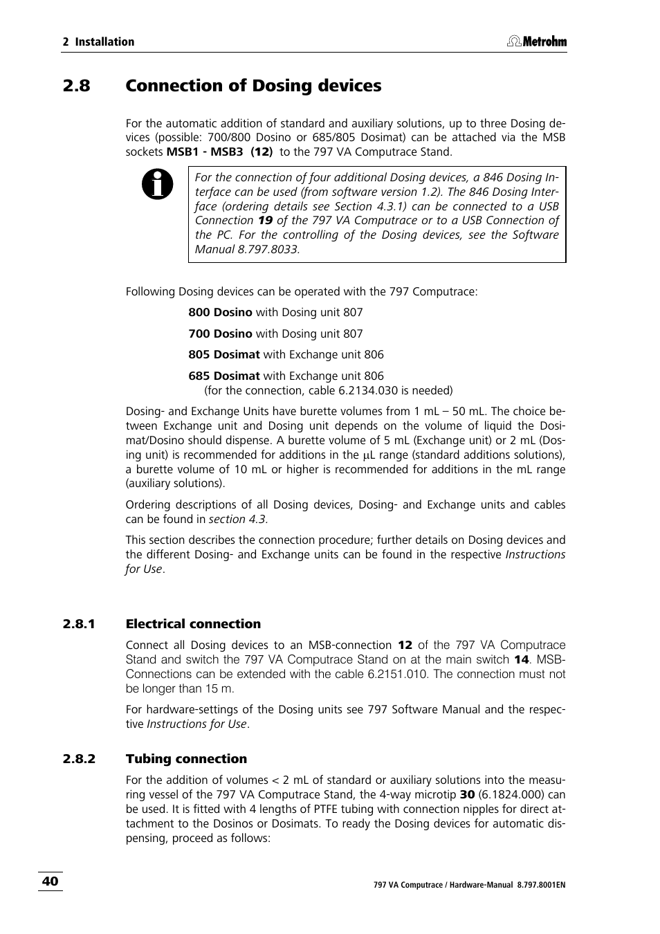 8 connection of dosing devices, 1 electrical connection, 2 tubing connection | Connection of dosing devices, Electrical connection, Tubing connection | Metrohm 797 VA Computrace User Manual | Page 48 / 127