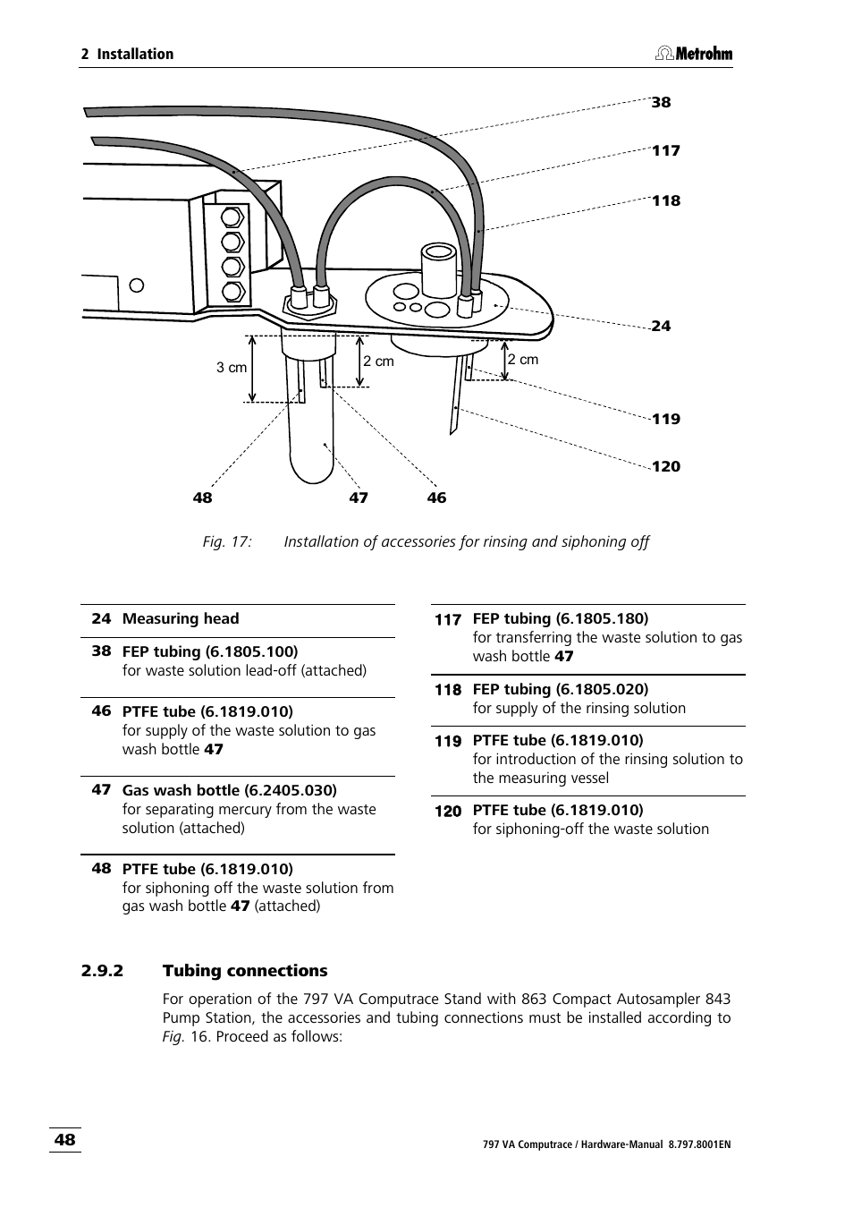 2 tubing connections, Tubing connections | Metrohm 797 VA Computrace User Manual | Page 56 / 127