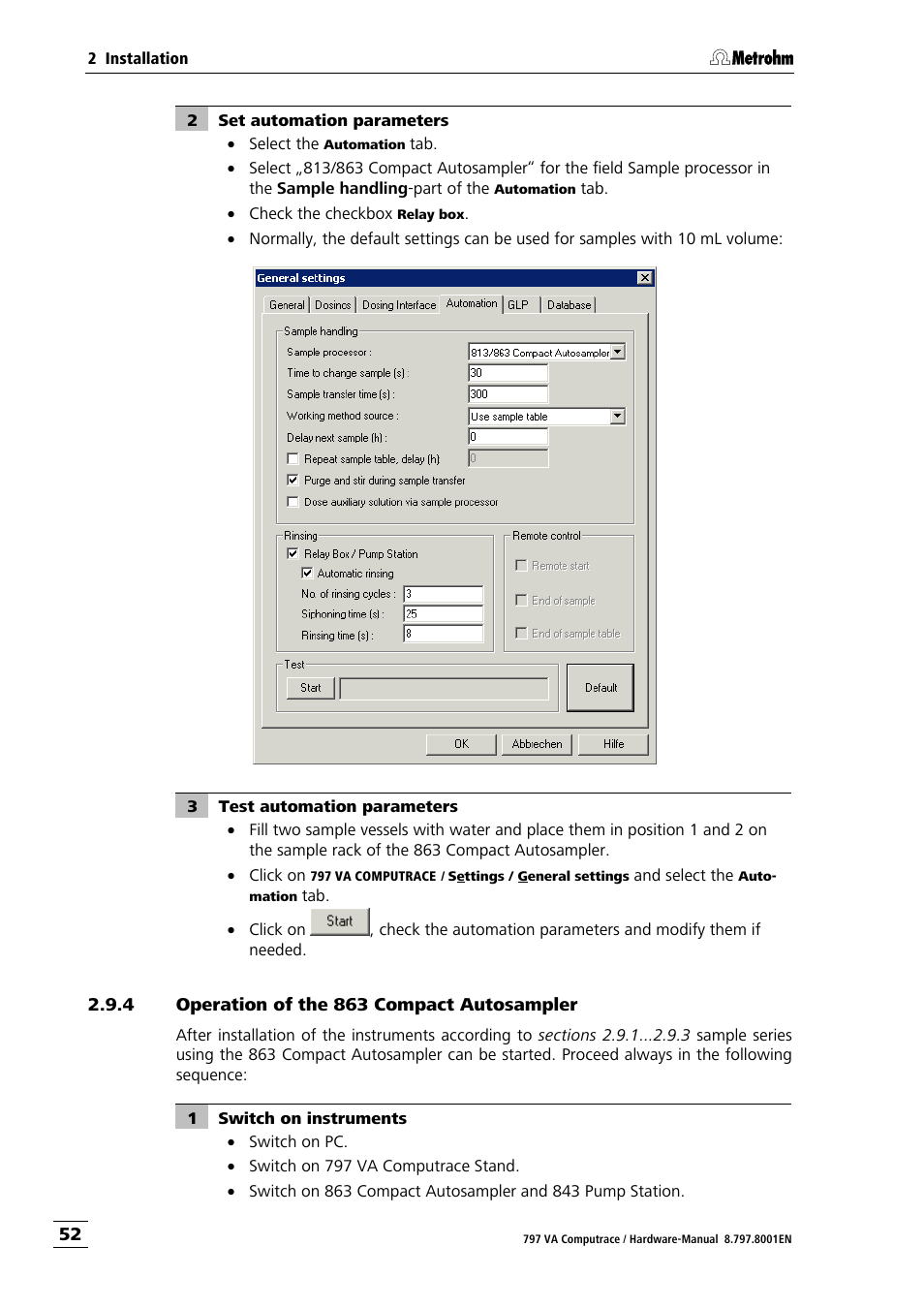 4 operation of the 863 compact autosampler, Operation of the 863 compact autosampler | Metrohm 797 VA Computrace User Manual | Page 60 / 127