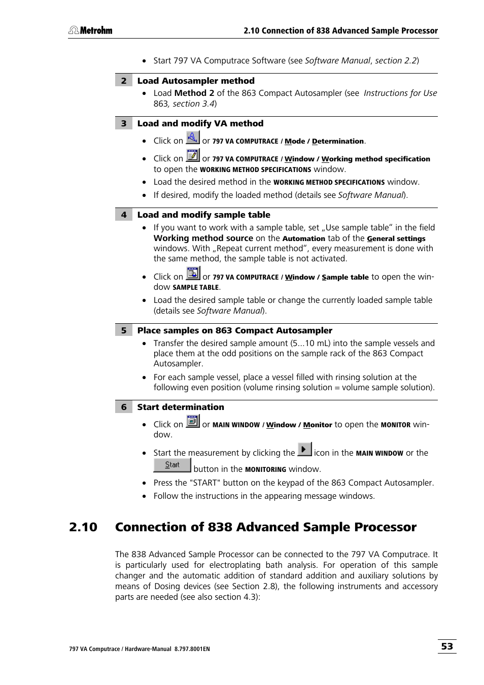 10 connection of 838 advanced sample pro cessor, Connection of 838 advanced sample processor | Metrohm 797 VA Computrace User Manual | Page 61 / 127