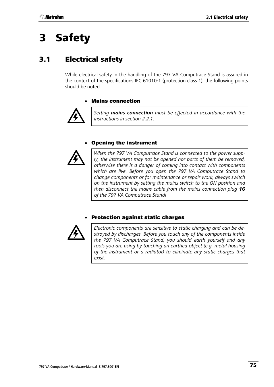 3 safety, 1 electrical safety | Metrohm 797 VA Computrace User Manual | Page 83 / 127