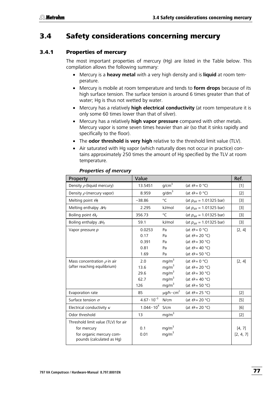 4 safety considerations concerning mercury, 1 properties of mercury | Metrohm 797 VA Computrace User Manual | Page 85 / 127