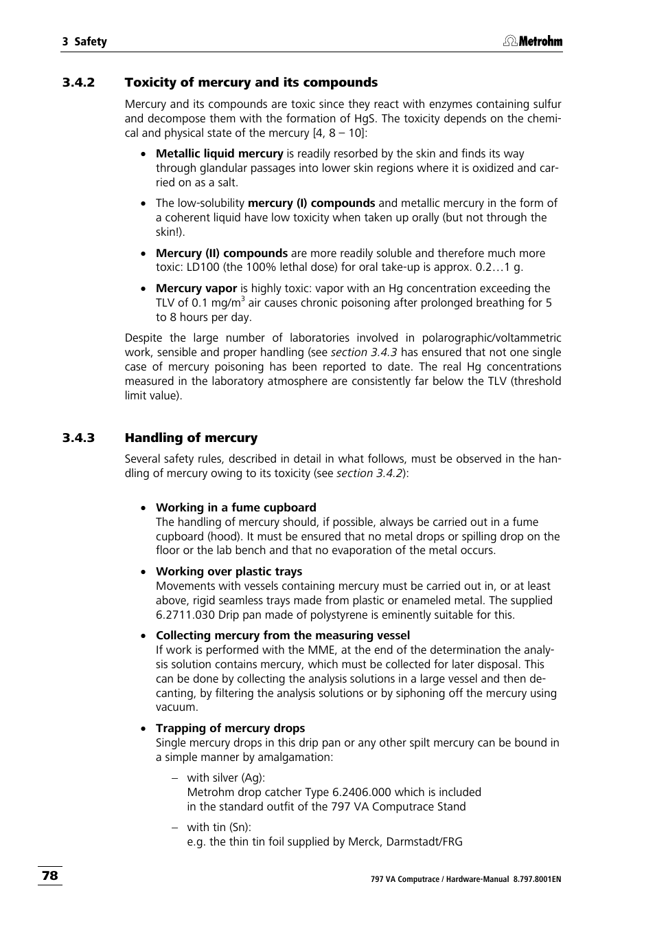 2 toxicity of mercury and its compounds, 3 handling of mercury | Metrohm 797 VA Computrace User Manual | Page 86 / 127