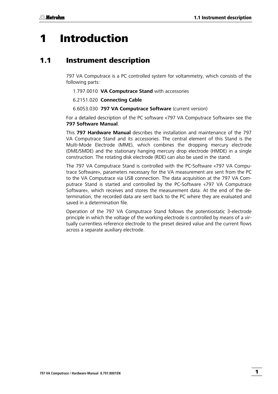 1 introduction, 1 instrument description, Introduction | Instrument description, 1introduction | Metrohm 797 VA Computrace User Manual | Page 9 / 127