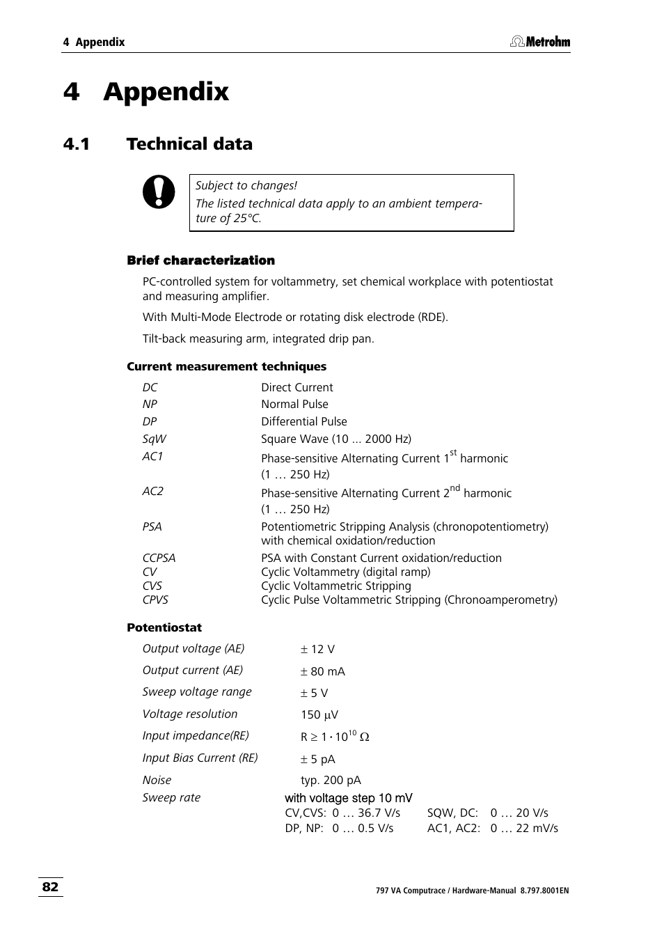 4 appendix, 1 technical data | Metrohm 797 VA Computrace User Manual | Page 90 / 127