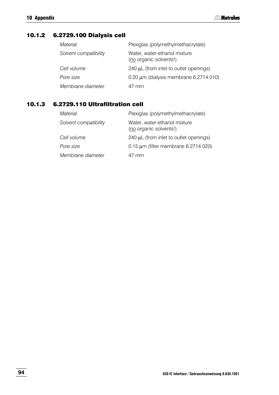 2 6.2729.100 dialysis cell, 3 6.2729.110 ultrafiltration cell, 2729.100 dialysis cell | 2729.110 ultrafiltration cell | Metrohm 833 IC Liquid Handling Unit User Manual | Page 102 / 123