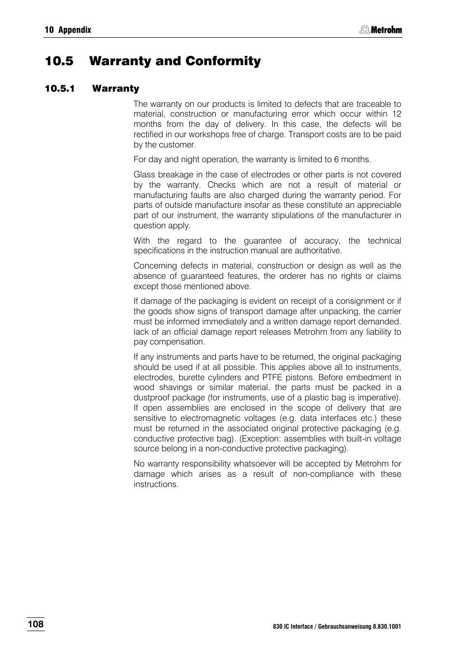 5 warranty and conformity, 1 warranty, Warranty and conformity | Warranty | Metrohm 833 IC Liquid Handling Unit User Manual | Page 116 / 123