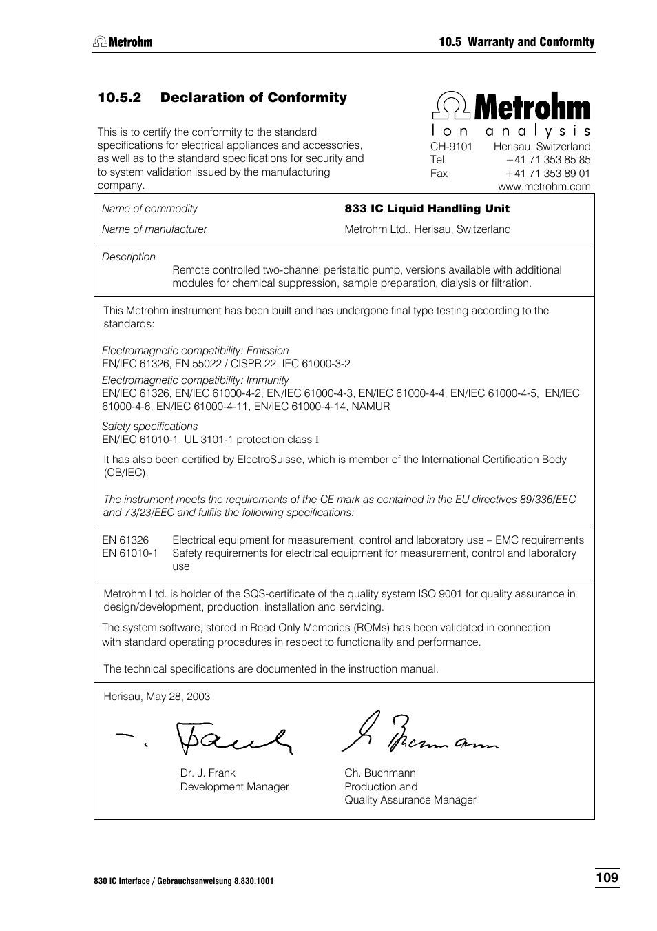 2 declaration of conformity, Declaration of conformity | Metrohm 833 IC Liquid Handling Unit User Manual | Page 117 / 123