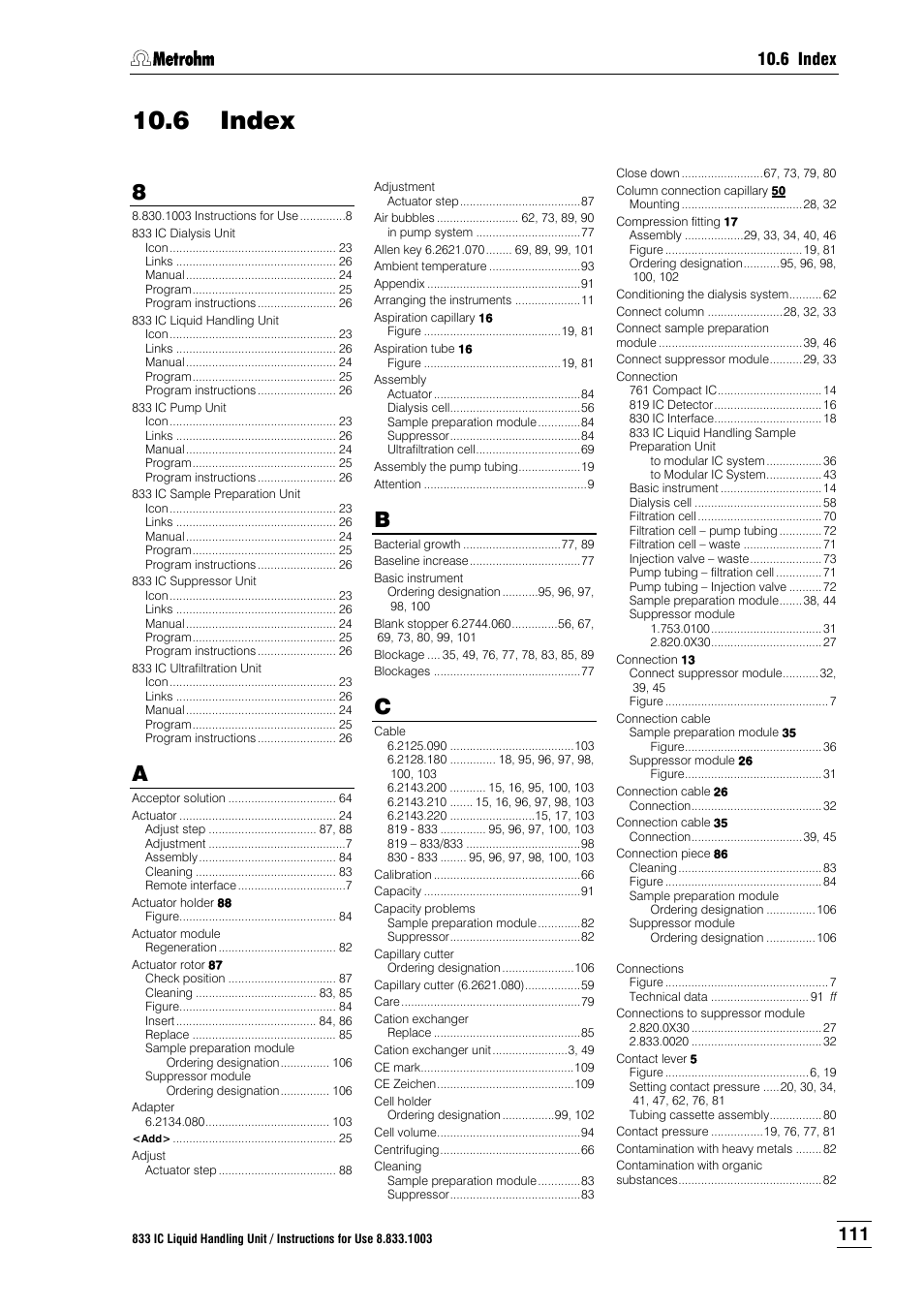 6 index, Index | Metrohm 833 IC Liquid Handling Unit User Manual | Page 119 / 123