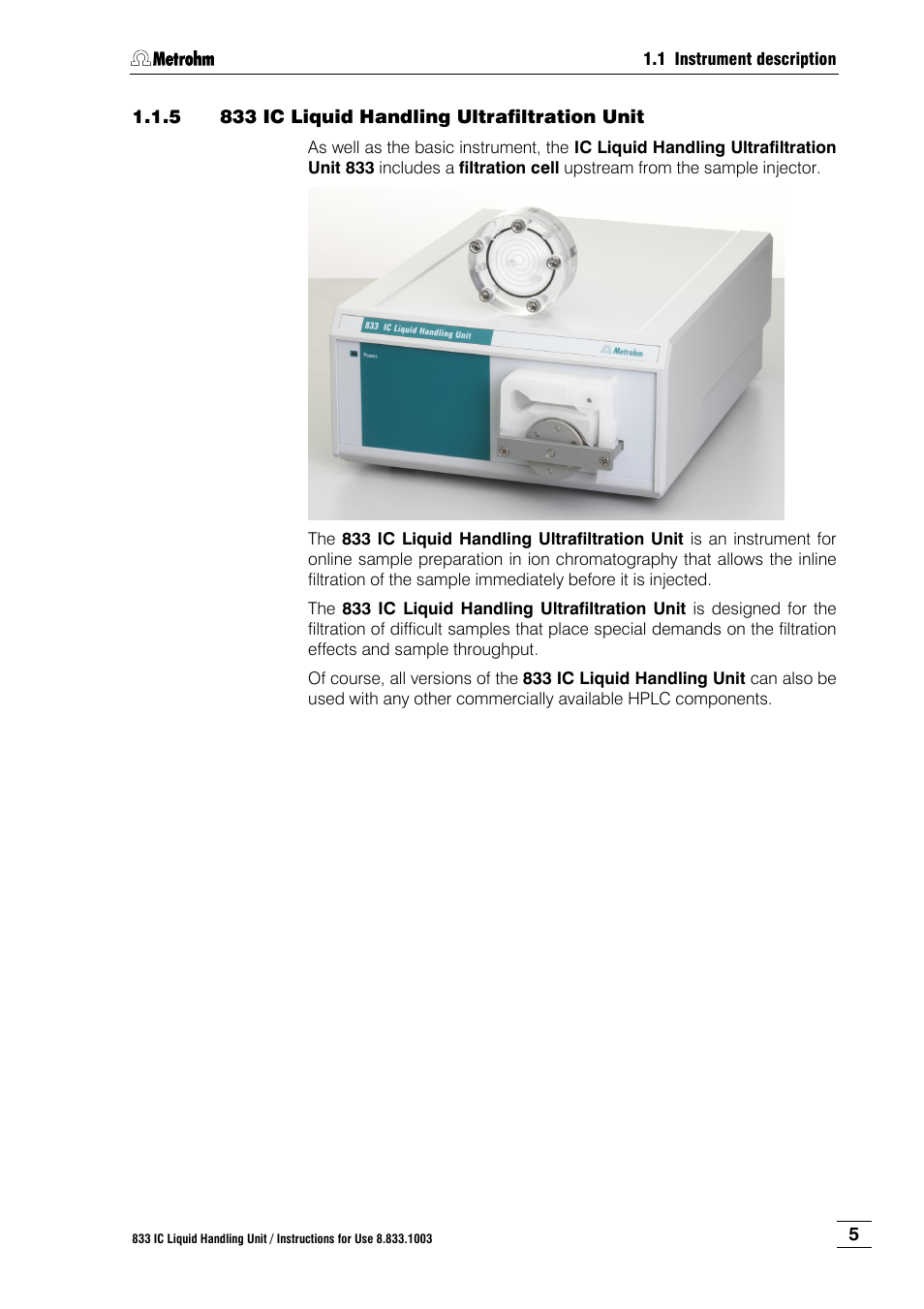 5 833 ic liquid handling ultrafiltration unit, 833 ic liquid handling ultrafiltration unit | Metrohm 833 IC Liquid Handling Unit User Manual | Page 13 / 123