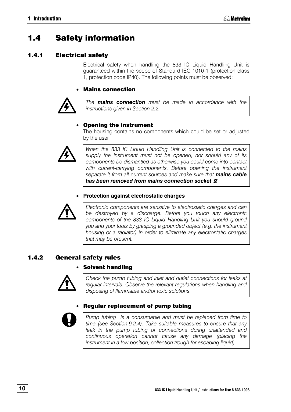 4 safety information, 1 electrical safety, 2 general safety rules | Safety information, Electrical safety, General safety rules | Metrohm 833 IC Liquid Handling Unit User Manual | Page 18 / 123