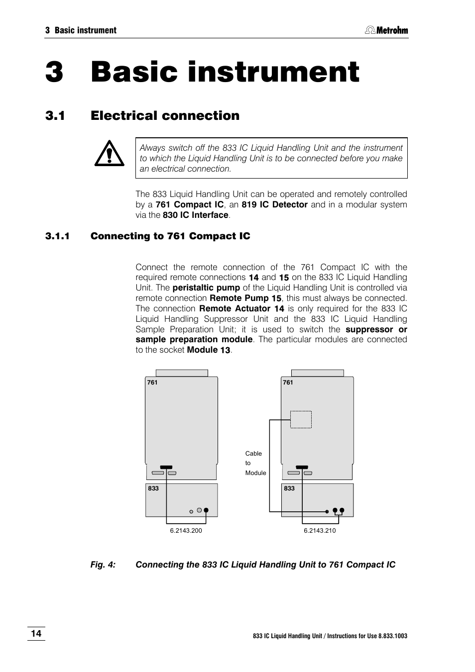 3 basic instrument, 1 electrical connection, 1 connecting to 761 compact ic | Basic instrument, Electrical connection, Connecting to 761 compact ic, Fig. 4, Sect. 3 | Metrohm 833 IC Liquid Handling Unit User Manual | Page 22 / 123