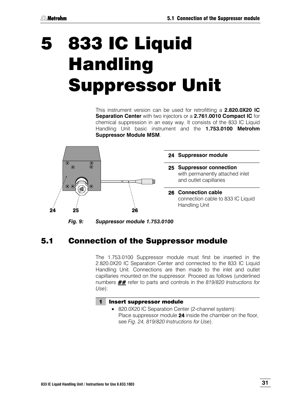 5 833 ic liquid handling suppressor unit, 1 connection of the suppressor module, 833 ic liquid handling suppressor unit | Connection of the suppressor module, Fig. 9, Suppressor module 1.753.0100, Sect. 5 | Metrohm 833 IC Liquid Handling Unit User Manual | Page 39 / 123