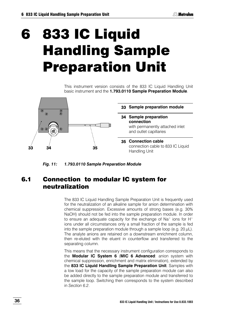 6 833 ic liquid handling sample preparation unit, 833 ic liquid handling sample preparation unit, Connection to modular ic system for neutralization | Fig. 11, 0110 sample preparation module, Sect. 6 | Metrohm 833 IC Liquid Handling Unit User Manual | Page 44 / 123