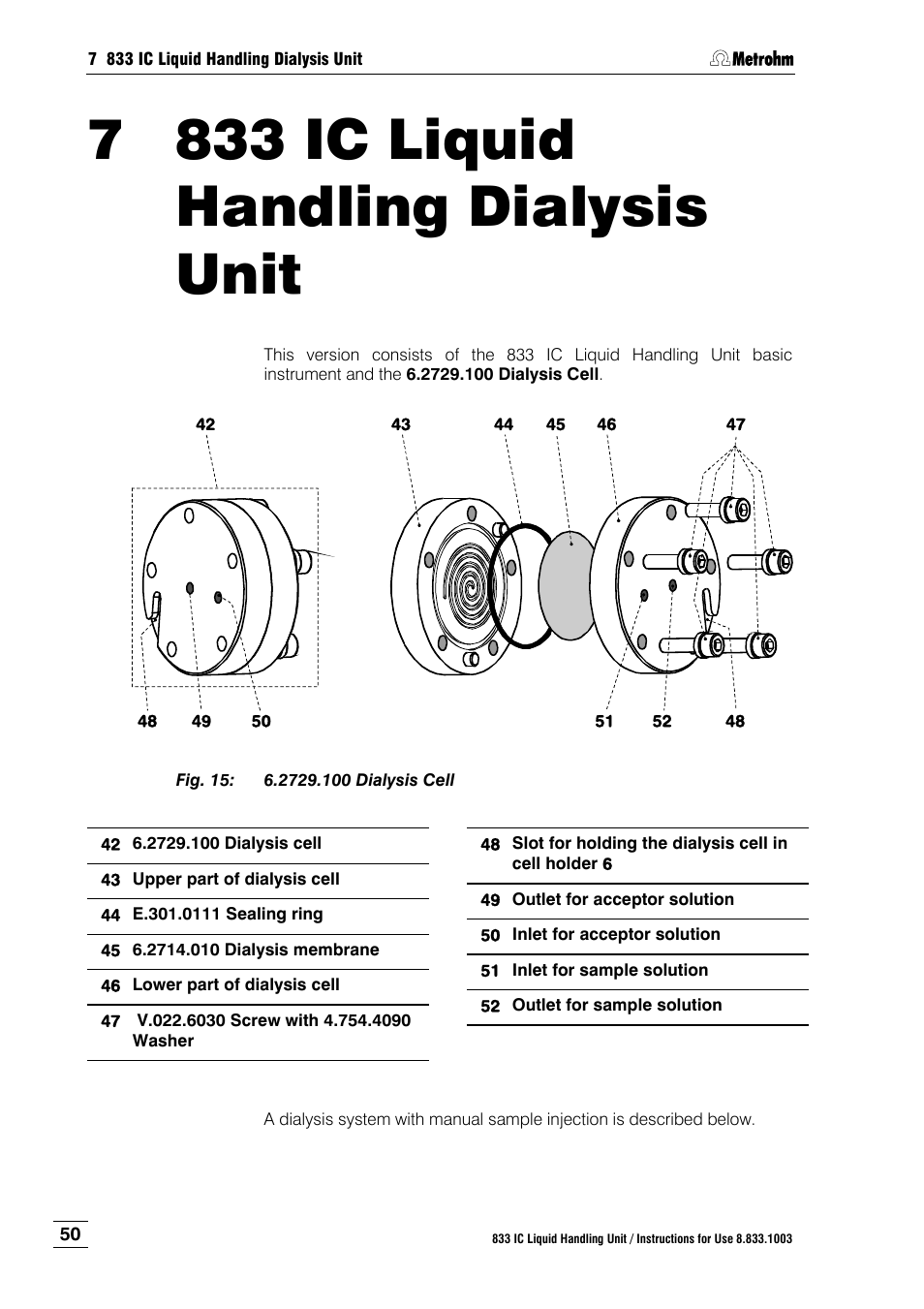 7 833 ic liquid handling dialysis unit, 833 ic liquid handling dialysis unit, Fig. 15 | 2729.100 dialysis cell, Sect. 7 | Metrohm 833 IC Liquid Handling Unit User Manual | Page 58 / 123