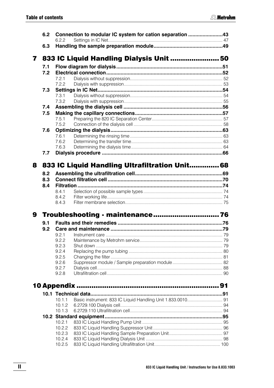 833 ic liquid handling dialysis unit, 833 ic liquid handling ultrafiltration unit, Troubleshooting - maintenance | Appendix | Metrohm 833 IC Liquid Handling Unit User Manual | Page 6 / 123