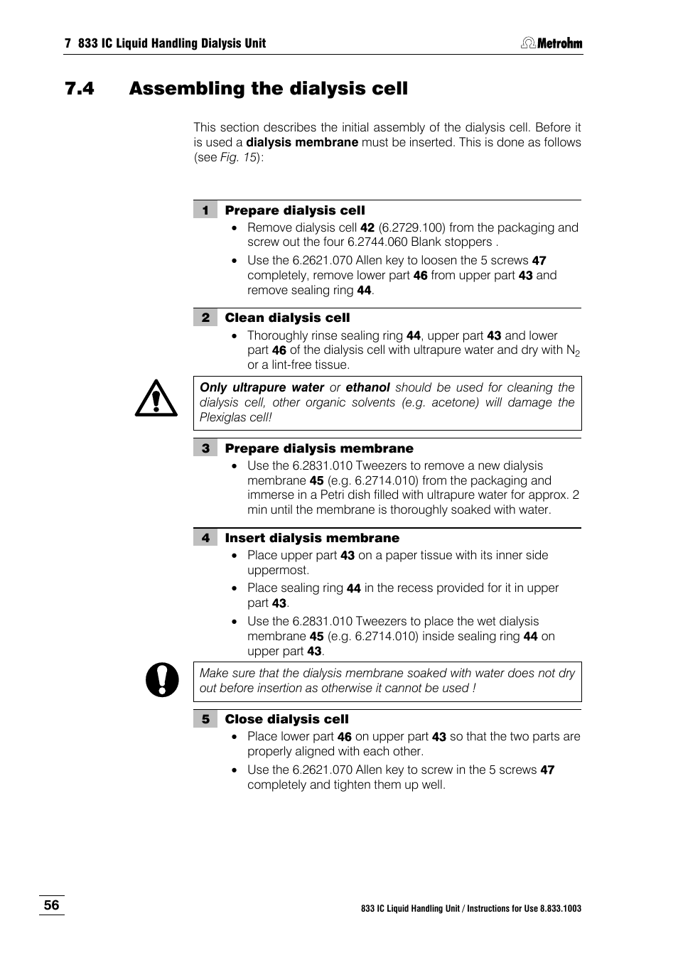 4 assembling the dialysis cell, Assembling the dialysis cell | Metrohm 833 IC Liquid Handling Unit User Manual | Page 64 / 123