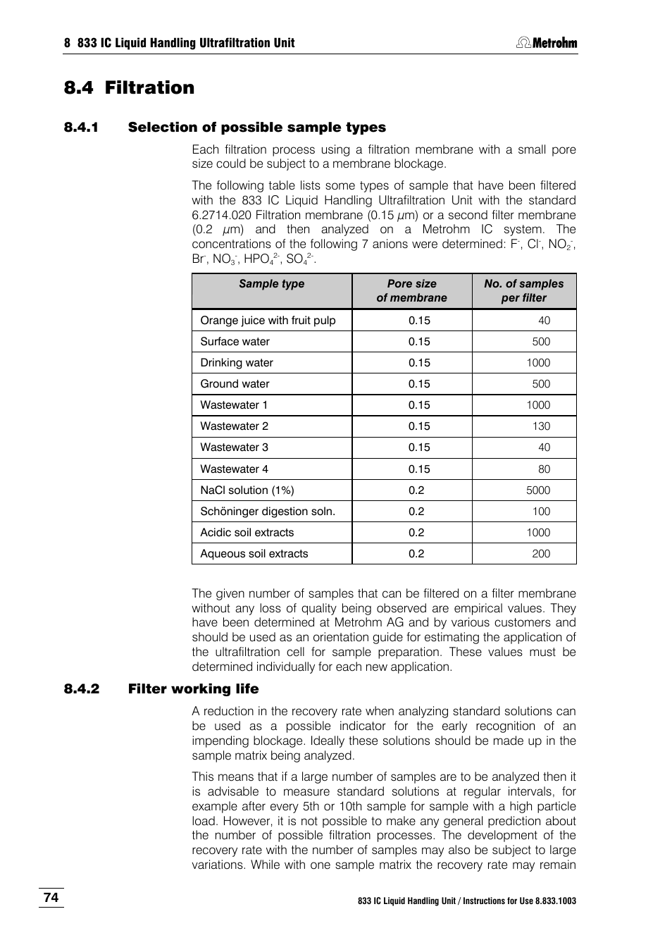 4 filtration, 1 selection of possible sample types, 2 filter working life | Filtration, Selection of possible sample types, Filter working life | Metrohm 833 IC Liquid Handling Unit User Manual | Page 82 / 123