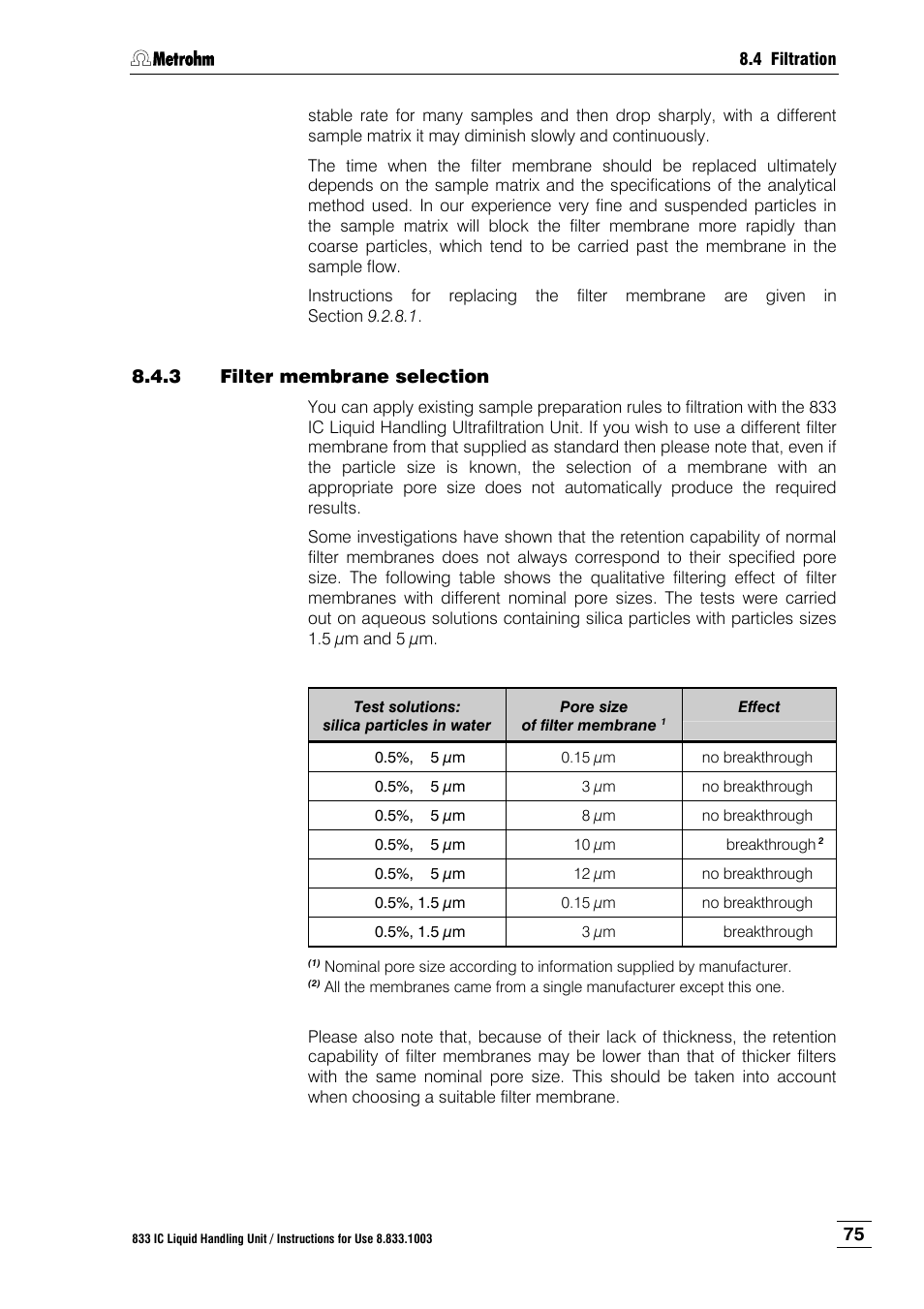 3 filter membrane selection, Filter membrane selection | Metrohm 833 IC Liquid Handling Unit User Manual | Page 83 / 123