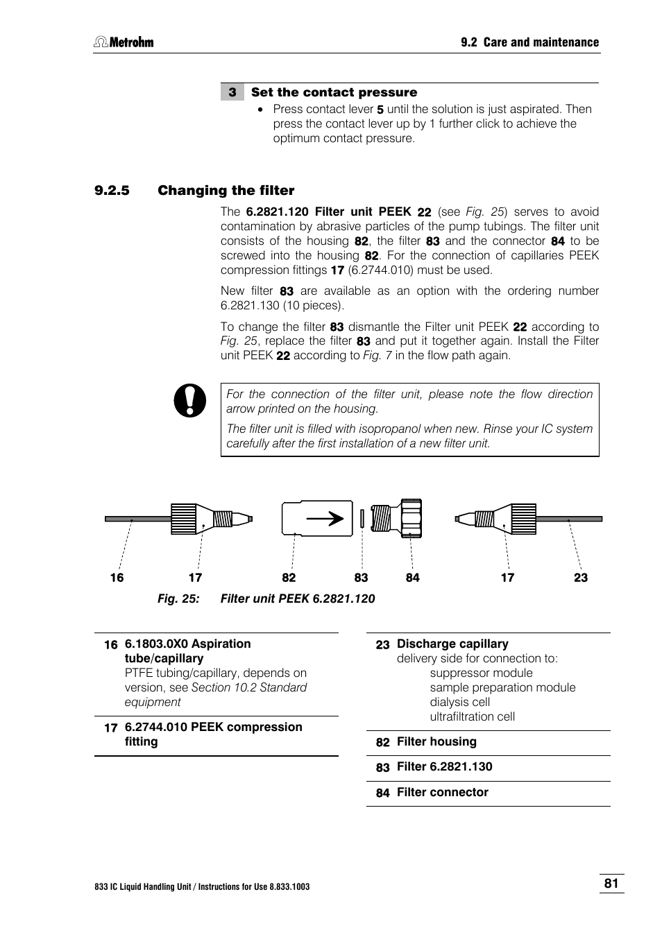 5 changing the filter, Changing the filter, Fig. 25 | Filter unit peek 6.2821.120, Ion 9.2.5) | Metrohm 833 IC Liquid Handling Unit User Manual | Page 89 / 123