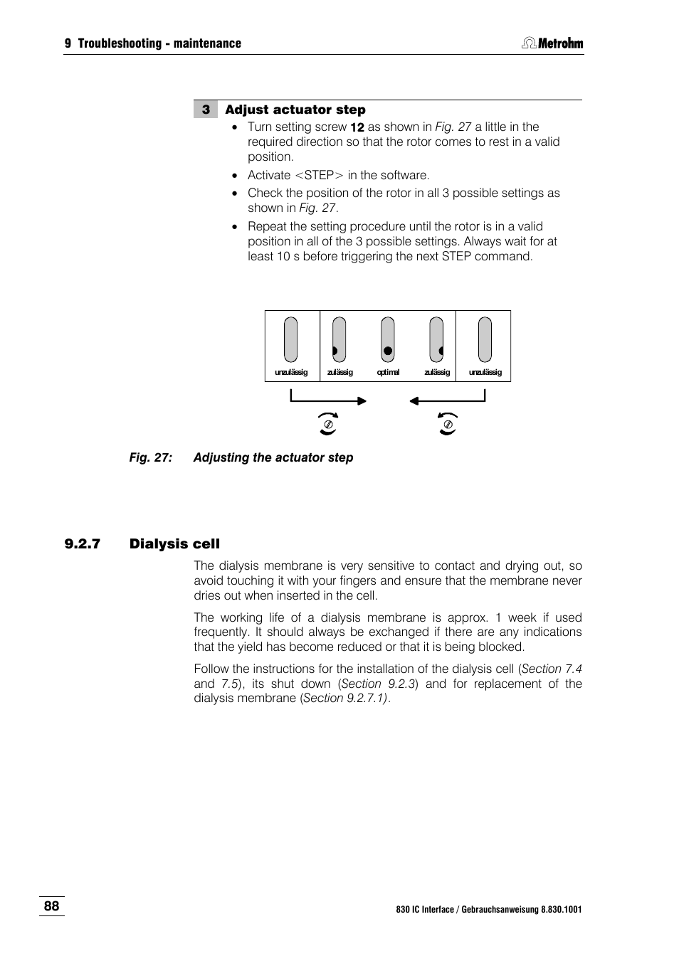 7 dialysis cell, Dialysis cell, Fig. 27 | Adjusting the actuator step, Fig. 27 : in one of | Metrohm 833 IC Liquid Handling Unit User Manual | Page 96 / 123