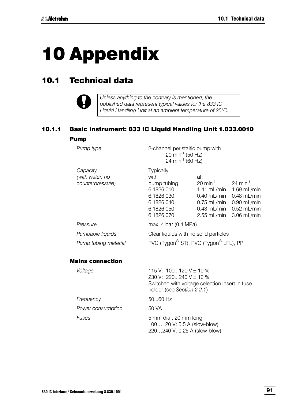 10 appendix, 1 technical data, Appendix | Technical data, Sect. 10 appendix | Metrohm 833 IC Liquid Handling Unit User Manual | Page 99 / 123