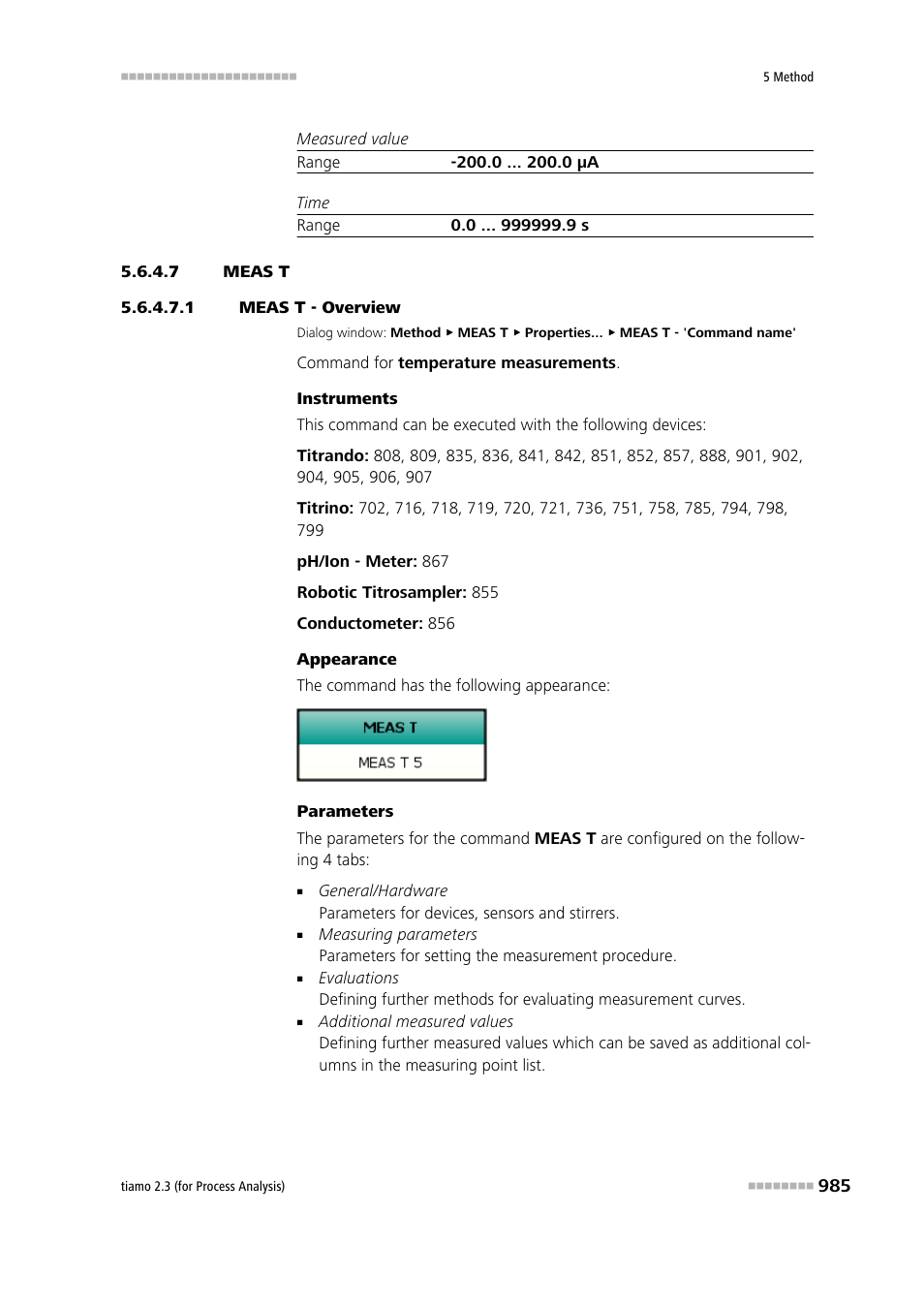 7 meas t, 1 meas t - overview, Meas t | Metrohm tiamo 2.3 (process analysis) User Manual | Page 1001 / 1790