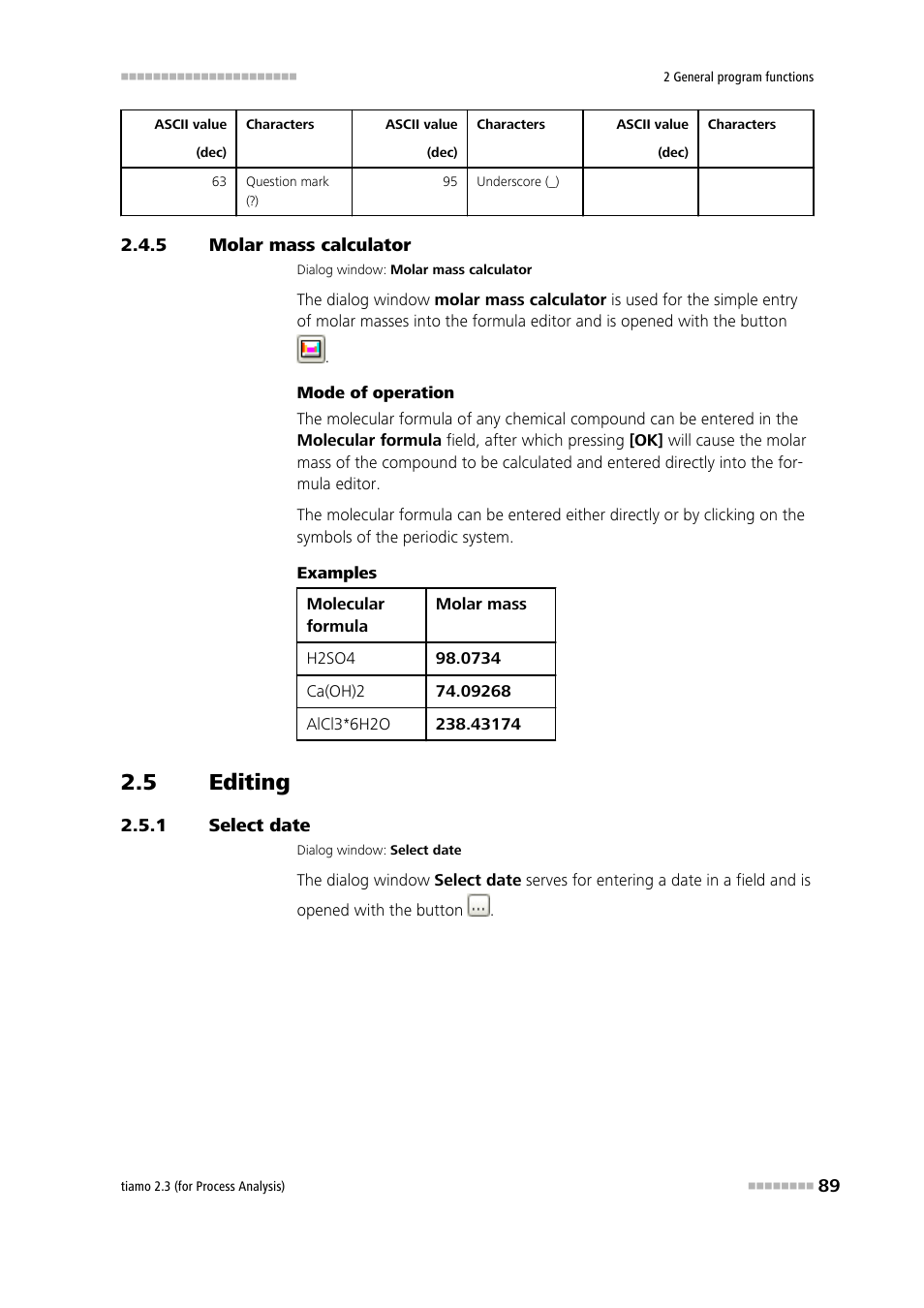 5 molar mass calculator, 5 editing, 1 select date | Molar mass calculator, Editing, Select date | Metrohm tiamo 2.3 (process analysis) User Manual | Page 105 / 1790