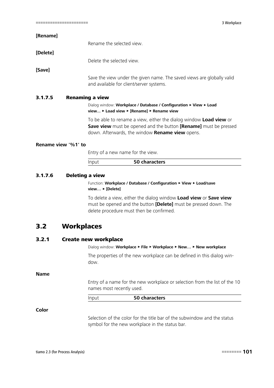 5 renaming a view, 6 deleting a view, 2 workplaces | 1 create new workplace, Workplaces, Create new workplace, Rename workplace view, Delete workplace view, Create workplace | Metrohm tiamo 2.3 (process analysis) User Manual | Page 117 / 1790